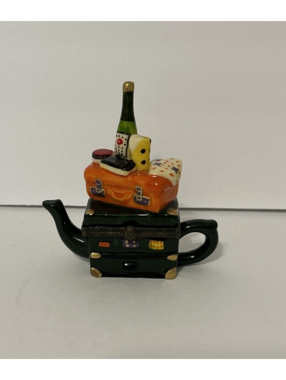 Vintage Hinged Ceramic Trinket Box - Picnic Basket Wine On Top Of Teapot